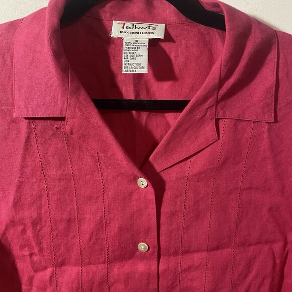 Talbots 100% Irish Linen Womens Sz 10 Button Up Shirt Pink Vacation Beach Resort - Picture 1 of 7